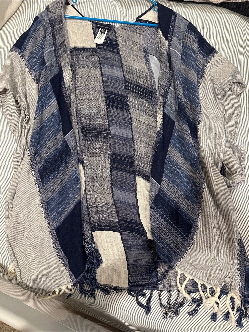 American Eagle Outfitters Blue & Cream Striped Fringe Kimono